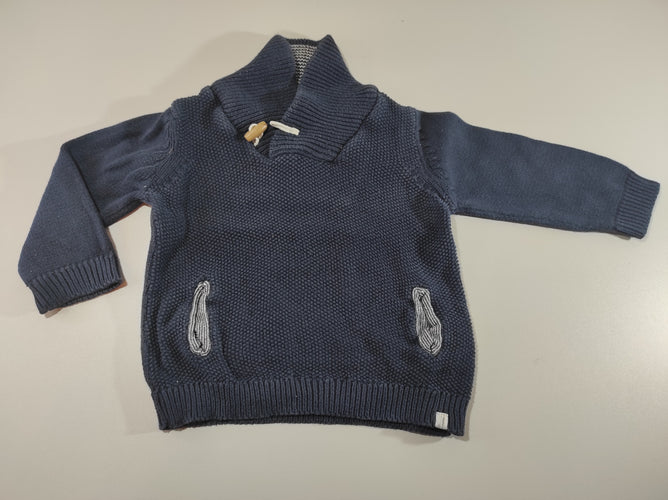 Pull tricot bleu marine col châle, moins cher chez Petit Kiwi