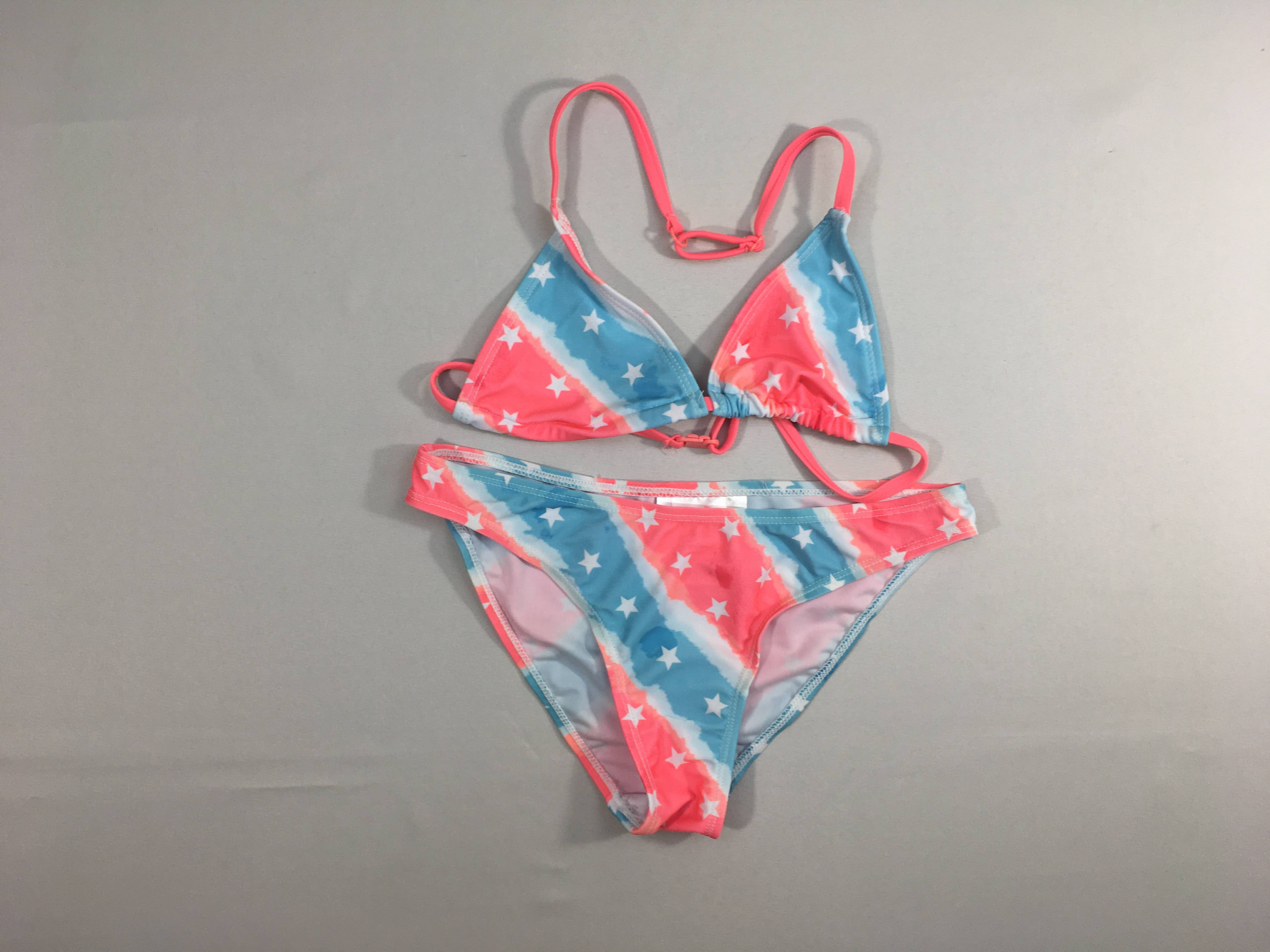 Bikini blanc rayures bleu/rose néon étoiles