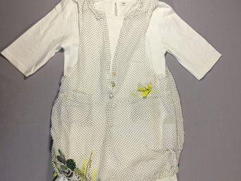 Robe blanche en jersey manches 3/4 + robe en voile de coton à pois noirs et motifs jaunes et verts