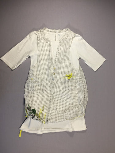 Robe blanche en jersey manches 3/4 + robe en voile de coton à pois noirs et motifs jaunes et verts, moins cher chez Petit Kiwi