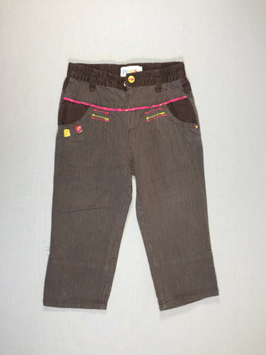Pantalon brun ligné blanc - en toile - biais rose à la taille, moins cher chez Petit Kiwi