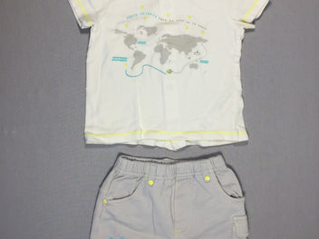 T-shirt m.c blanc (carte du monde)  + short jersey gris