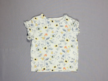T-shirt m.c blanc fleurs bleues et jaunes - volant aux manches