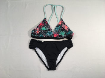 Bikini noir motifs palmier rose-vert