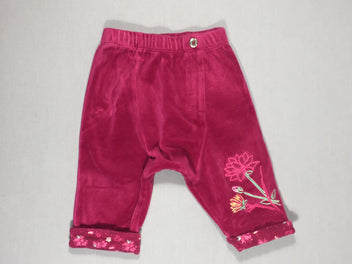 Pantalon velours lisse rose foncé - fleurs brodées