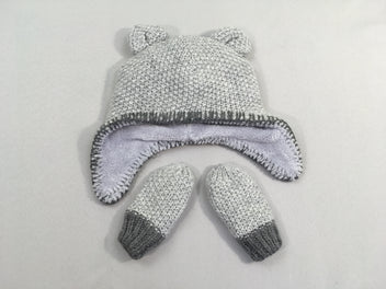 Bonnet mailles gris + moufles