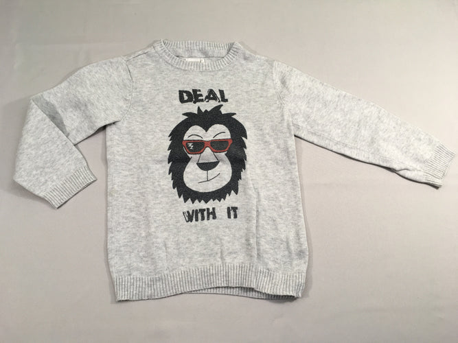 Pull gris clair chiné, tête de singe à lunette "Deal", moins cher chez Petit Kiwi