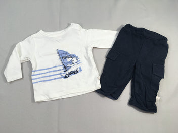 T-shirt m.l blanc voilier + pantalon cargo jersey bleu foncé
