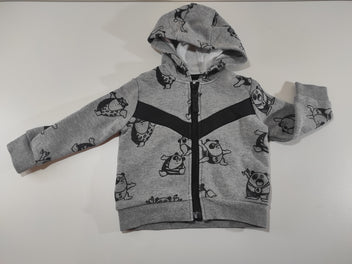 Gilet zippé à capuche gris flammé, motifs pandas noirs . Intérieur polar.