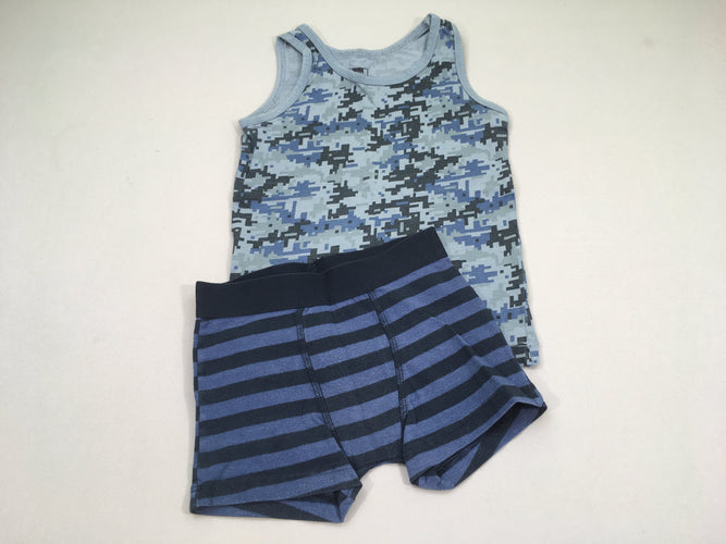 Chemisette s.m bleu motifs + boxer bleu, moins cher chez Petit Kiwi