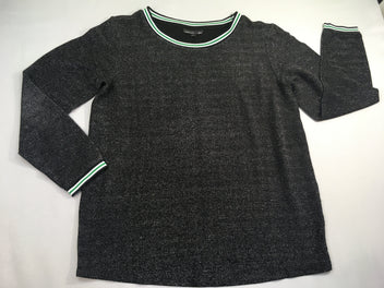 T-shirt m.l noir pailleté bord des manches et du col lignés blanc/vert