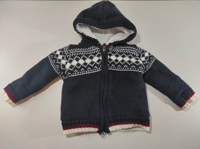 Gilet zippé à capuche bleu marine à motifs blancs intérieur fourré moutonné, moins cher chez Petit Kiwi