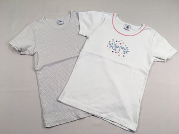 2 chemisettes m.c blanc grisé/feuilles/ pois, légèrement boulochées