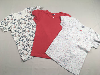 3 chemisettes m.c blanc grisé/rose/ pois/papillons, légèrement boulochées
