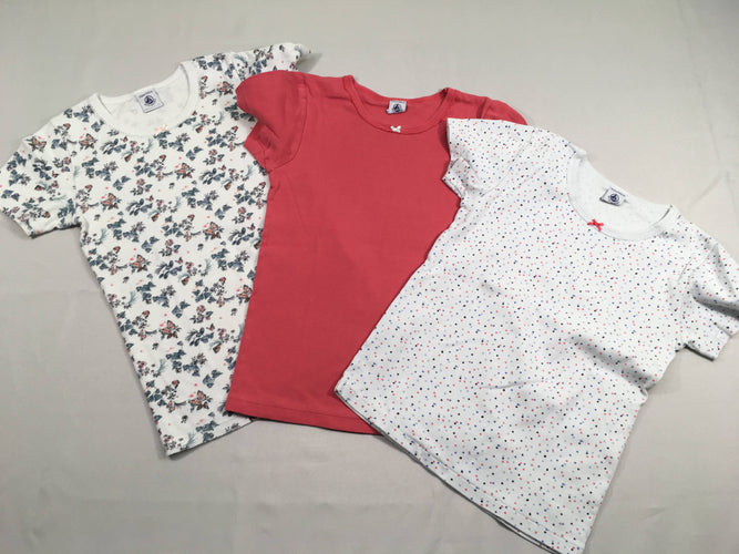 3 chemisettes m.c blanc grisé/rose/ pois/papillons, légèrement boulochées, moins cher chez Petit Kiwi