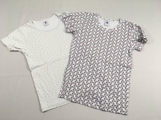 2 chemisettes m.c blanc grisé/fruits/coeurs jaunes, légèrement boulochées, moins cher chez Petit Kiwi