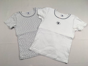 2 chemisettes m.c blanc grisé/bleu coeur, légèrement boulochées