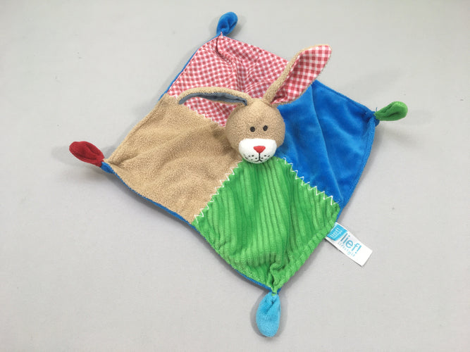 Doudou velours lapin bleu/vert/brun, moins cher chez Petit Kiwi