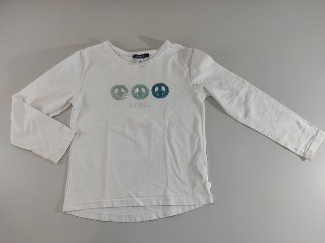 T-shirt m.l blanc 3 sigles peace and love en sequins bleus "tolérance", moins cher chez Petit Kiwi