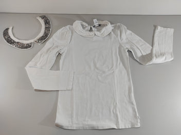 T-shirt m.l blanc  avec 2 cols claudine interchangeables (1 blanc à pois dorés, 1 blanc avec sequins argentés)
