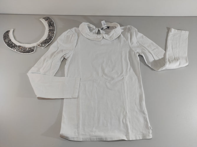 T-shirt m.l blanc  avec 2 cols claudine interchangeables (1 blanc à pois dorés, 1 blanc avec sequins argentés), moins cher chez Petit Kiwi
