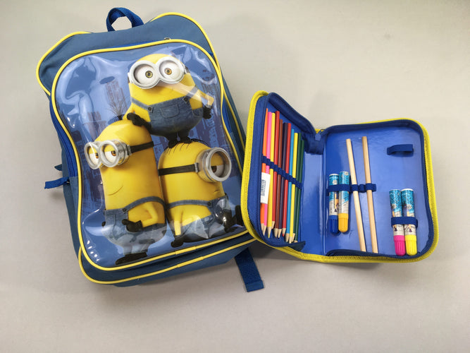 Sac à dos Minion 25-36cm + Plumier garni-Traces à relaver sur bas et dos du sac, moins cher chez Petit Kiwi