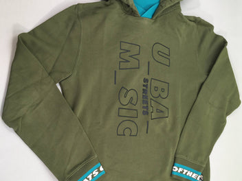 Sweat à capuche kaki, faux col bleu, 