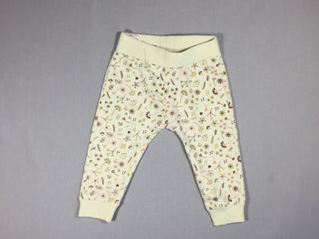 Pantalon jersey beige - petites fleurs aubergines et vertes