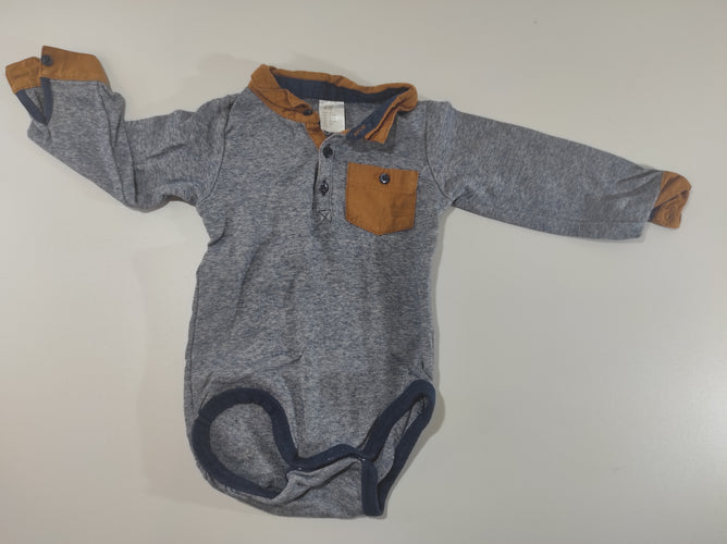 Body chemise m.l bleu marine rayé blanc , bord du col et manches + poche camel, moins cher chez Petit Kiwi