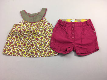 Blouse s.m blanc/mauve/kaki motifs + short à revers