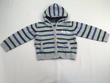 Gilet à capuche gris rayé bleu-vert