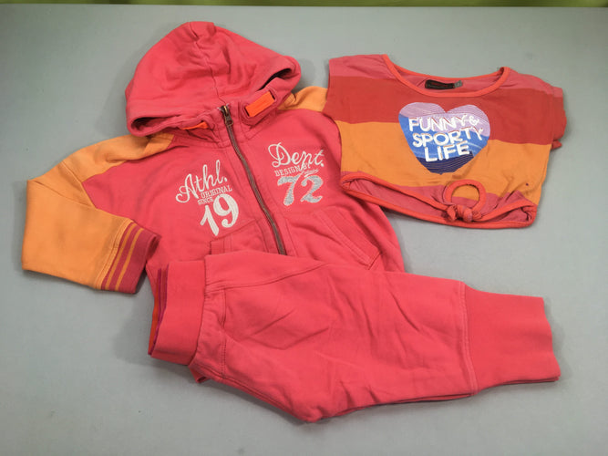 Sweat zippé à capuche rose/orange 1972 + t-shirt m.c court rayé + pantacourt training, moins cher chez Petit Kiwi