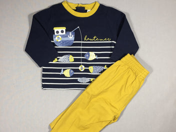 Ensemble T-shirt m.l bleu foncé bateau de pêcheur  + pantalon coton jaune
