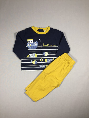 Ensemble T-shirt m.l bleu foncé bateau de pêcheur  + pantalon coton jaune, moins cher chez Petit Kiwi