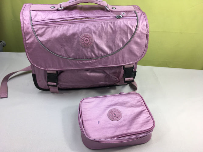 Cartable vieux rose irisé + pochette, a servi, moins cher chez Petit Kiwi