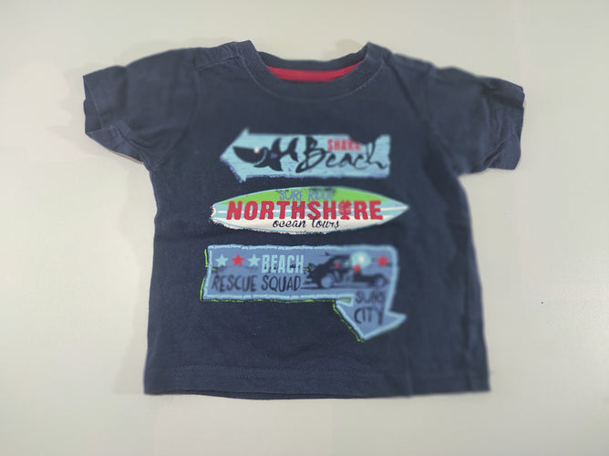 T-shirt m.c jersey bleu marine  flocage requin, voiture "Shark beach,...", moins cher chez Petit Kiwi