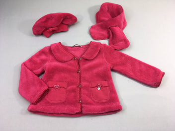 Gilet-veste velours rose vif  + echarpe + bonnet