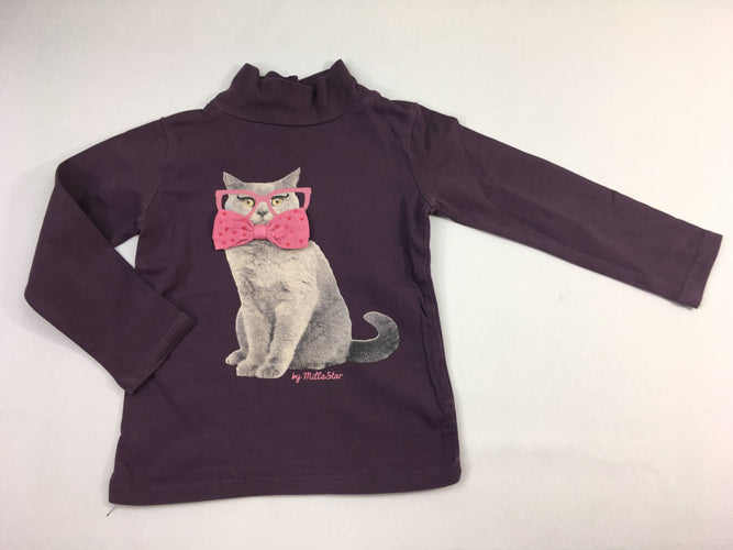 T-shirt col roulé mauve chat noeud relief, moins cher chez Petit Kiwi