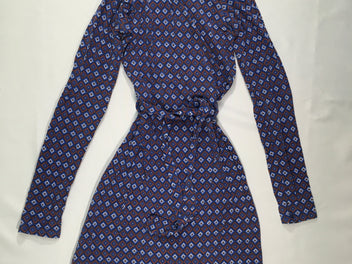 Robe m.l jersey col roulé bleu motifs triangulaires ocre-blanc