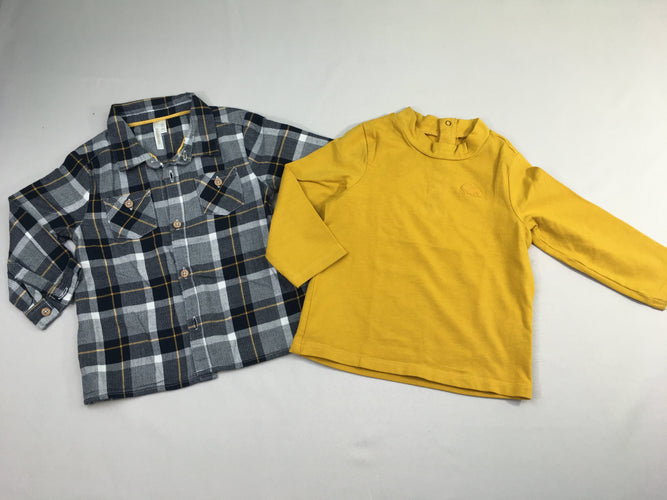 Chemise m.l à carreaux bleu marine/blanc/jaune + T-shirt col roulé jaune, moins cher chez Petit Kiwi