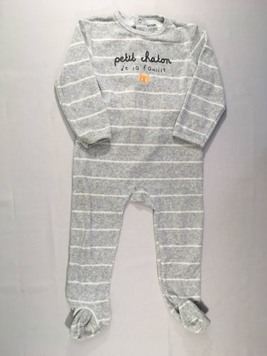 Pyjama velours gris chiné rayé chaton, moins cher chez Petit Kiwi