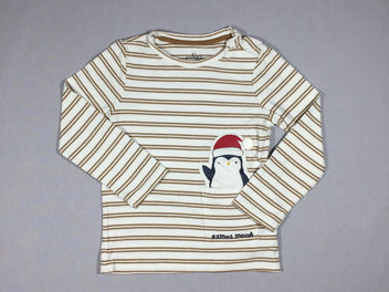 T-shirt m.l blanc ligné brun - pingouin de Noël