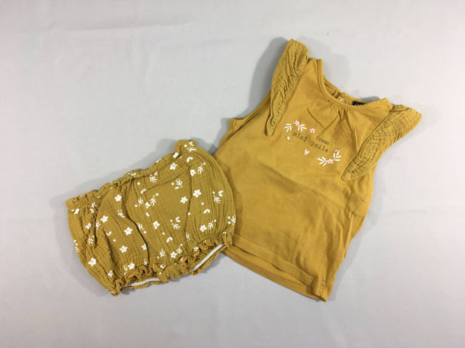 T-shirt m.c jaune moutarde mini jolie + bloomer fleuri, moins cher chez Petit Kiwi