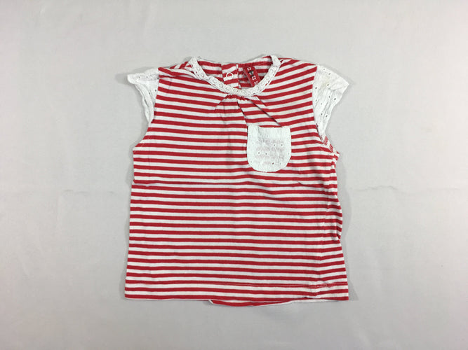 T-shirt m.c blanc rayé rouge poche dentelle, moins cher chez Petit Kiwi