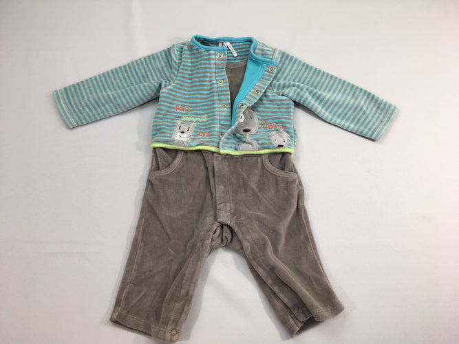 Pyjama velours gris effet supperposé gilet rayé bleu animaux, moins cher chez Petit Kiwi