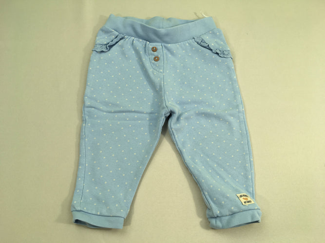 Pantalon molleton bleu pois blancs froufrous poches, moins cher chez Petit Kiwi