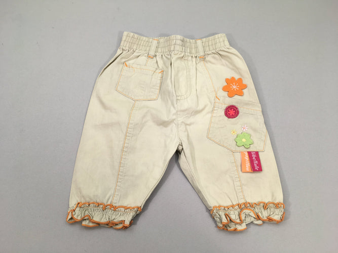 Pantalon léger beige fleurs froufrous, moins cher chez Petit Kiwi