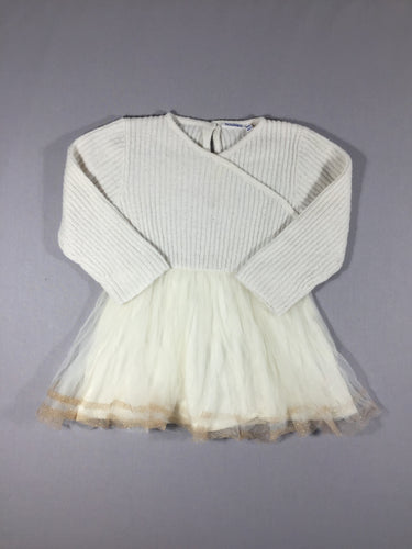 Robe blanche haut style pull côtelé (10¨%laine) et jupe en tule souple, moins cher chez Petit Kiwi