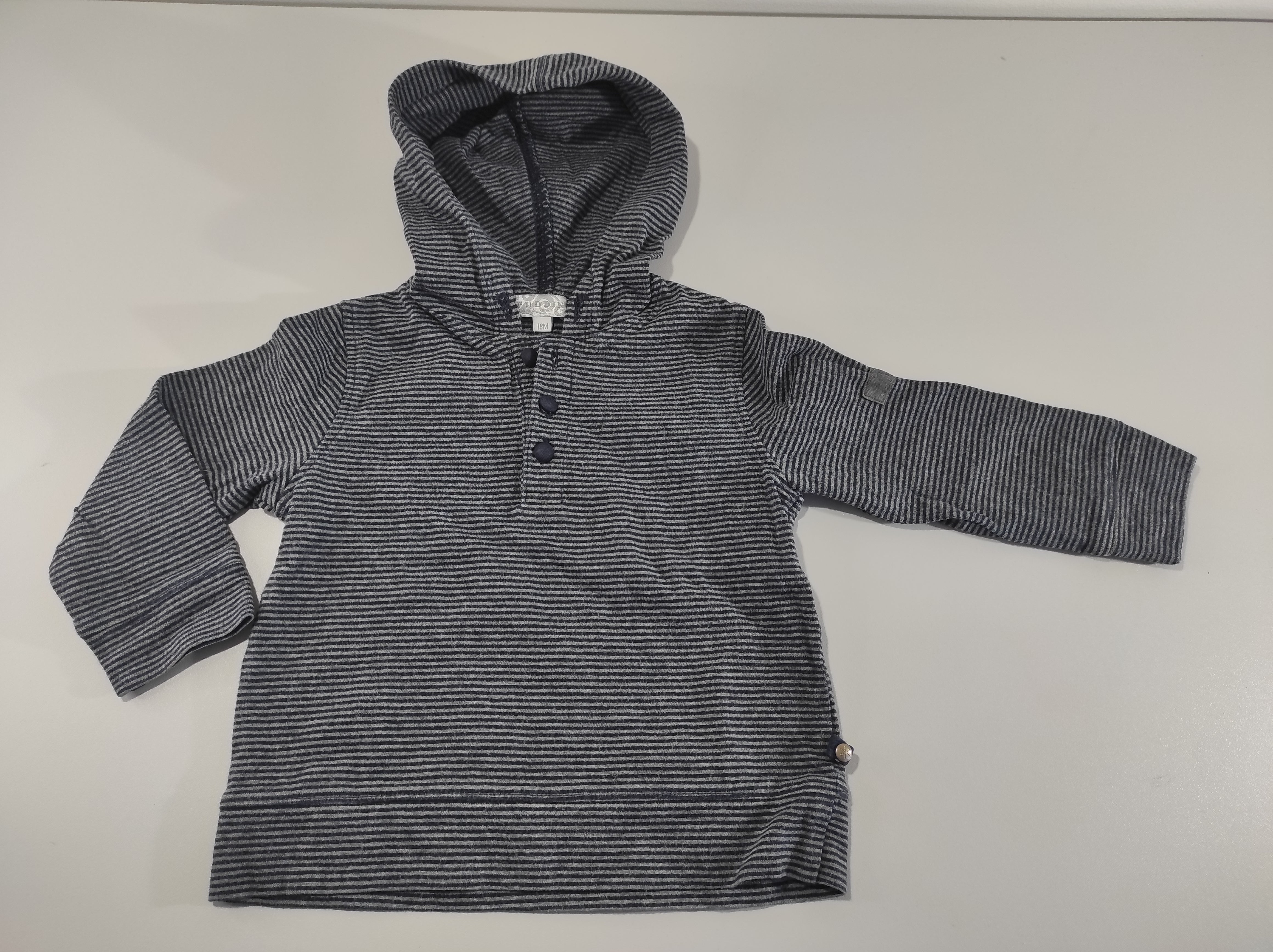 T-shirt m.l à capuche rayé gris-noir