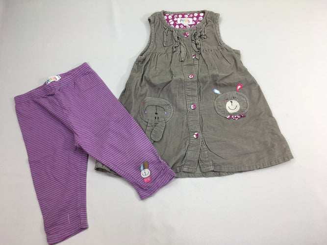 Ensemble robe s.m velours côtelé gris lapin, ours +legging mauve ligné, moins cher chez Petit Kiwi